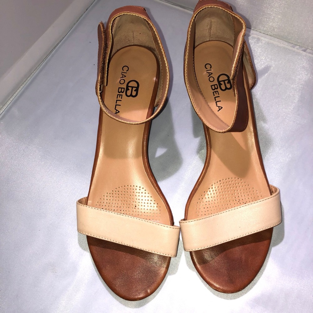 Ciao Bella Womens Cognac Brown Cream Leather Ankle Strap Wedge Sandals Size 8.5M